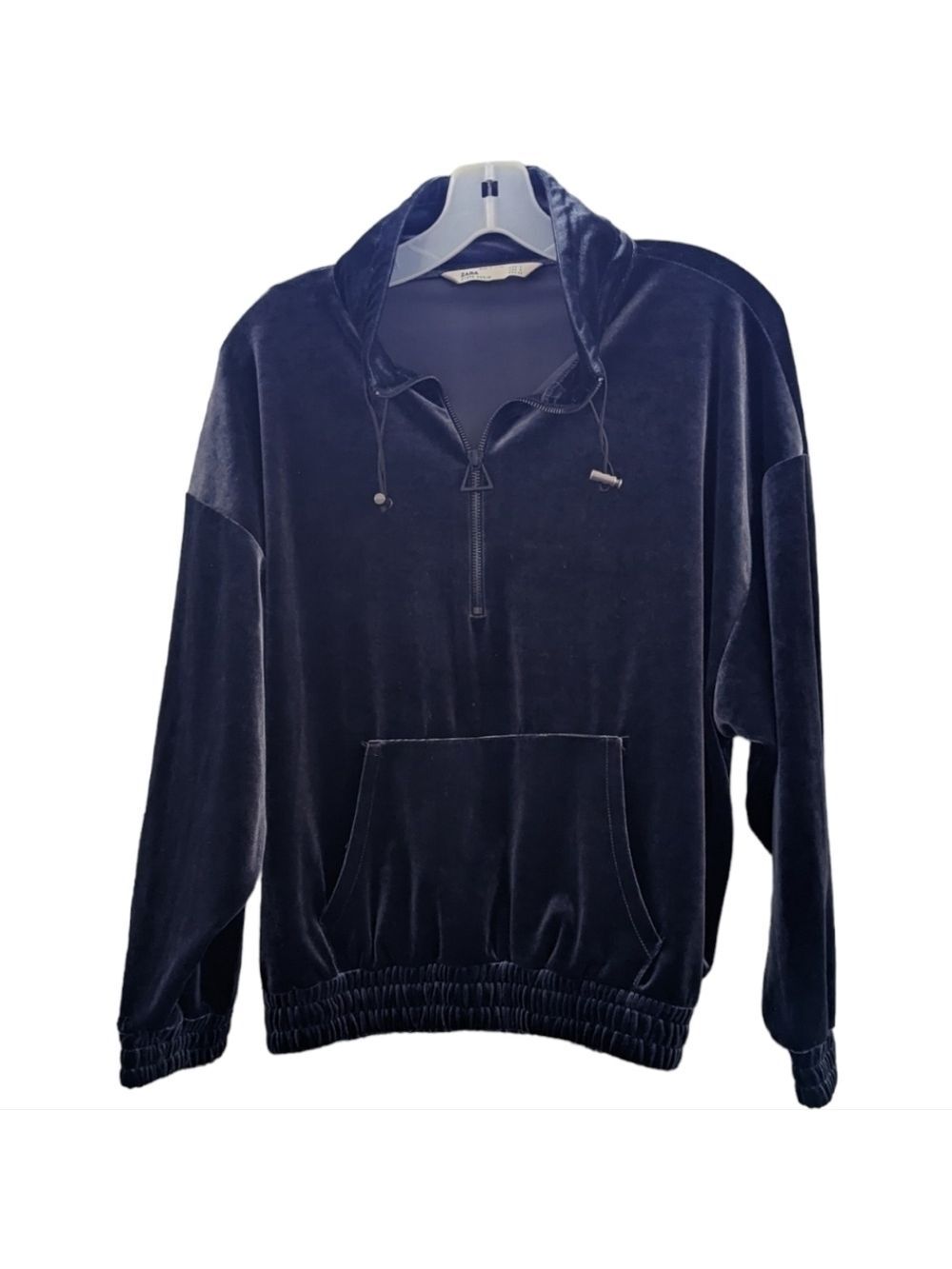 ZARA Black Velour Quarter Zip Size Small Cozy Logo